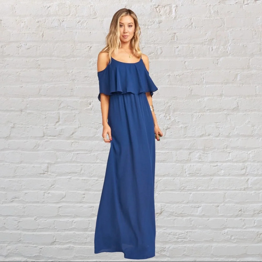 Show Me Your Mumu Caitlin Ruffle Maxi Dress Navy L Wedding Formal Casual SMYM